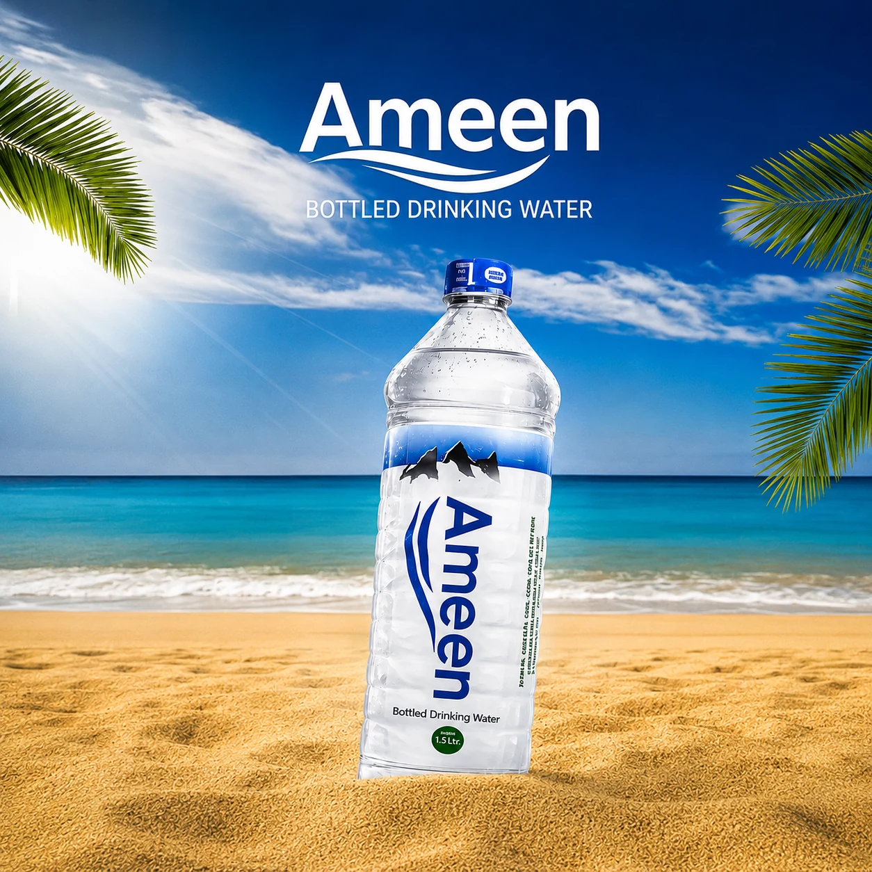Ameen bottled drinking water advertisement with a chilled bottle centered on a sunny tropical beach beneath blue sky and palm fronds.