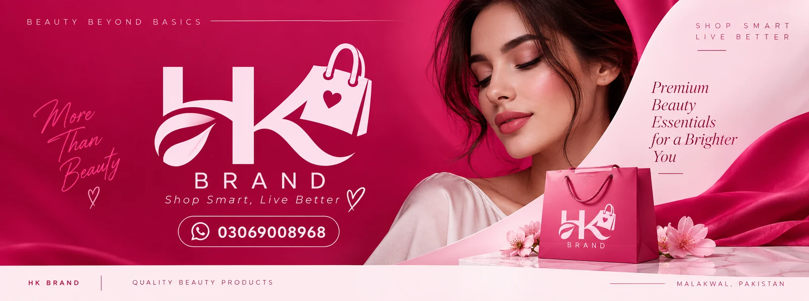 Wide pink HK Brand beauty banner featuring its cream monogram, a model, shopping bag, and premium beauty essentials messaging.