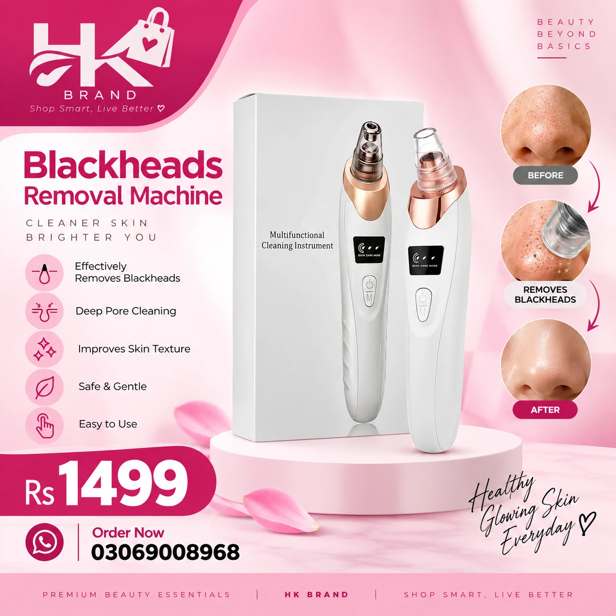 Pink HK Brand product advertisement showing a blackhead removal device, packaging, feature icons, before and after imagery, and a price badge.