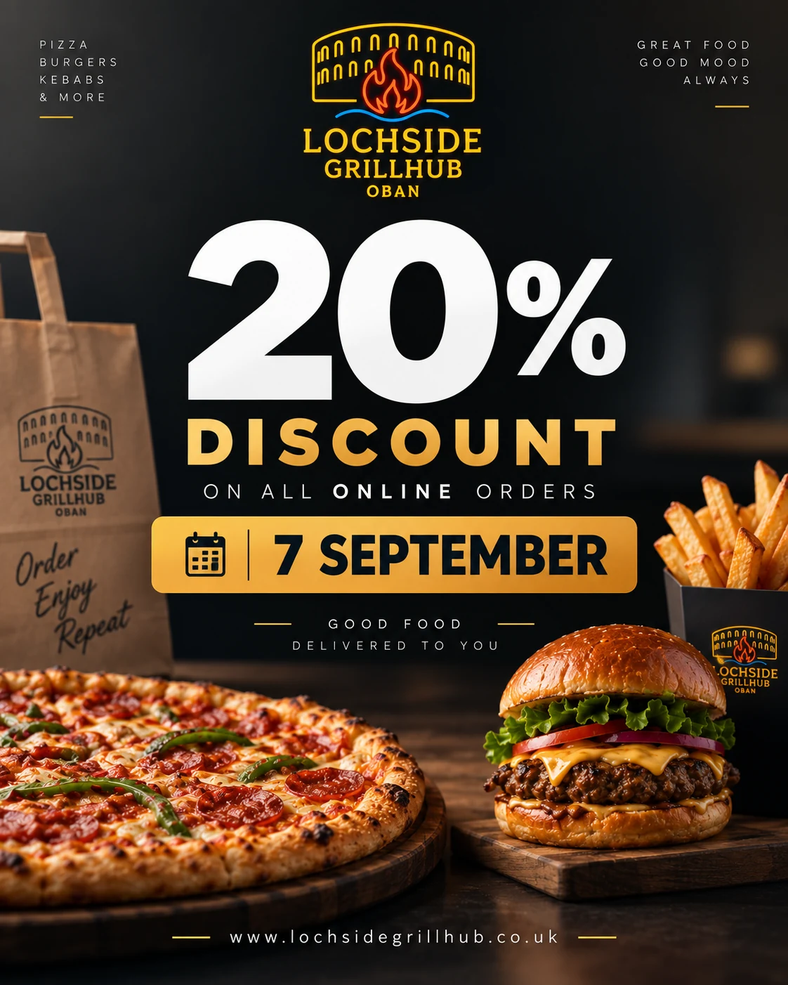 Lochside Grillhub promotional poster with large white discount typography, a gold date banner, pizza, burger, and fries.