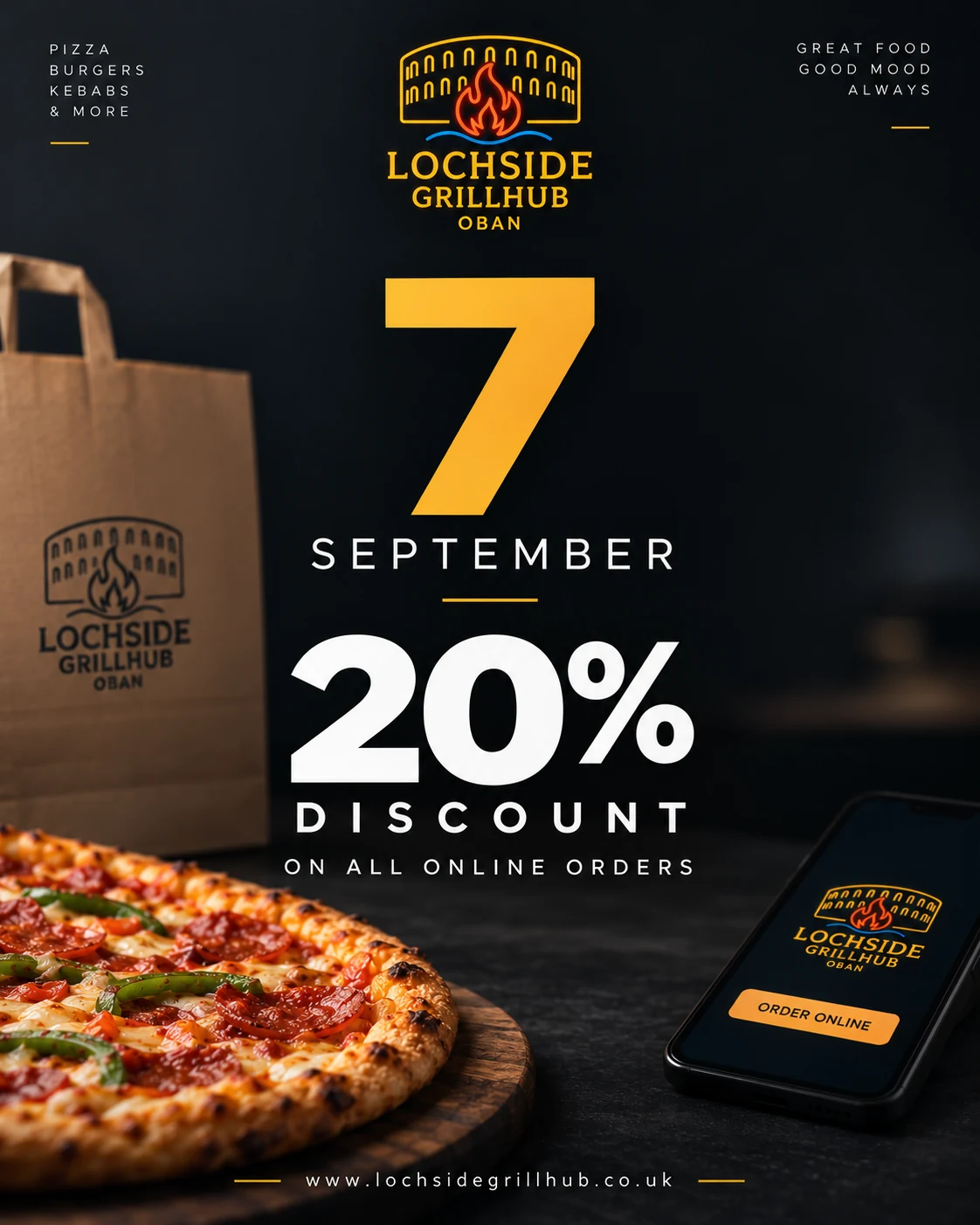 Black and gold Lochside Grillhub restaurant poster advertising a September 7 online offer, with pizza, takeaway packaging, and a phone.