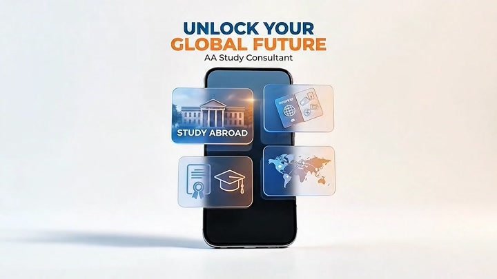 Study abroad promotion with travel visuals, university partnerships and consultancy branding.