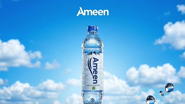 Bottled water commercial combining product close-ups, splash visuals and lifestyle scenes.