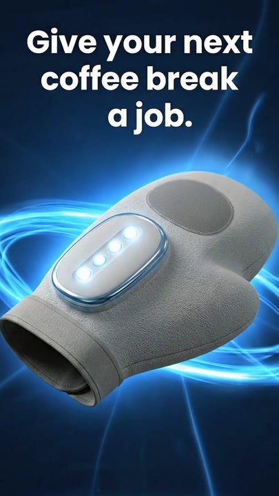 Vertical product ad showing a hand massager used during an office workday.